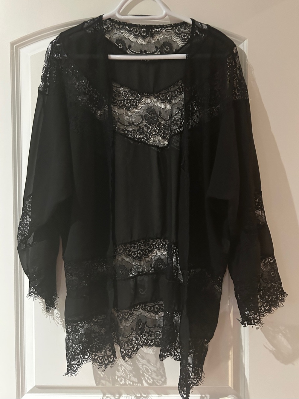 Black Lace Trim Sheer Kimono Robe - Women Intimates & Sleepwear